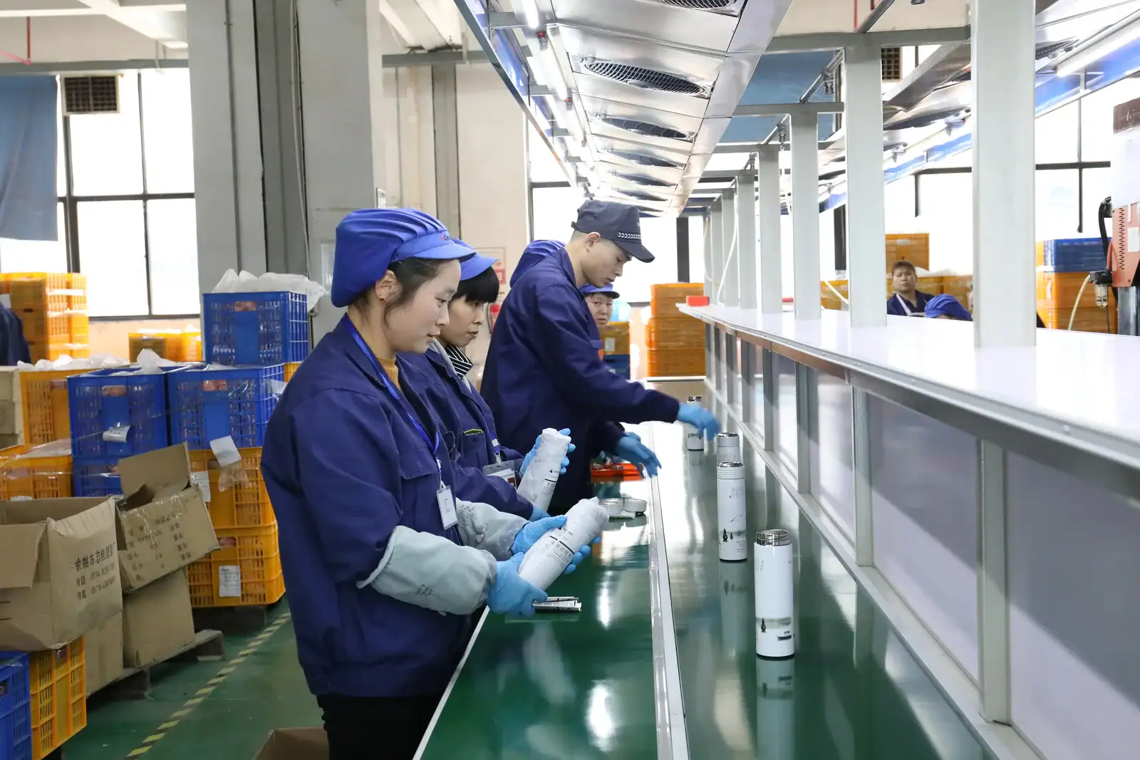 Drinkware quality inspection team working beside the production line