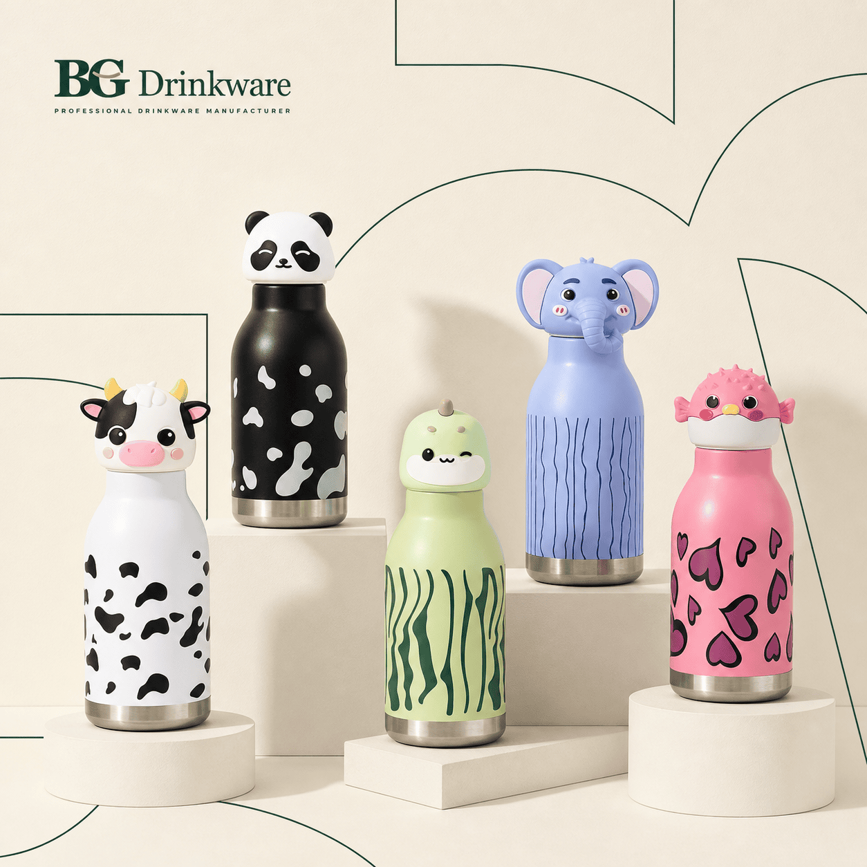 Colorful kids stainless steel bottles with character lids