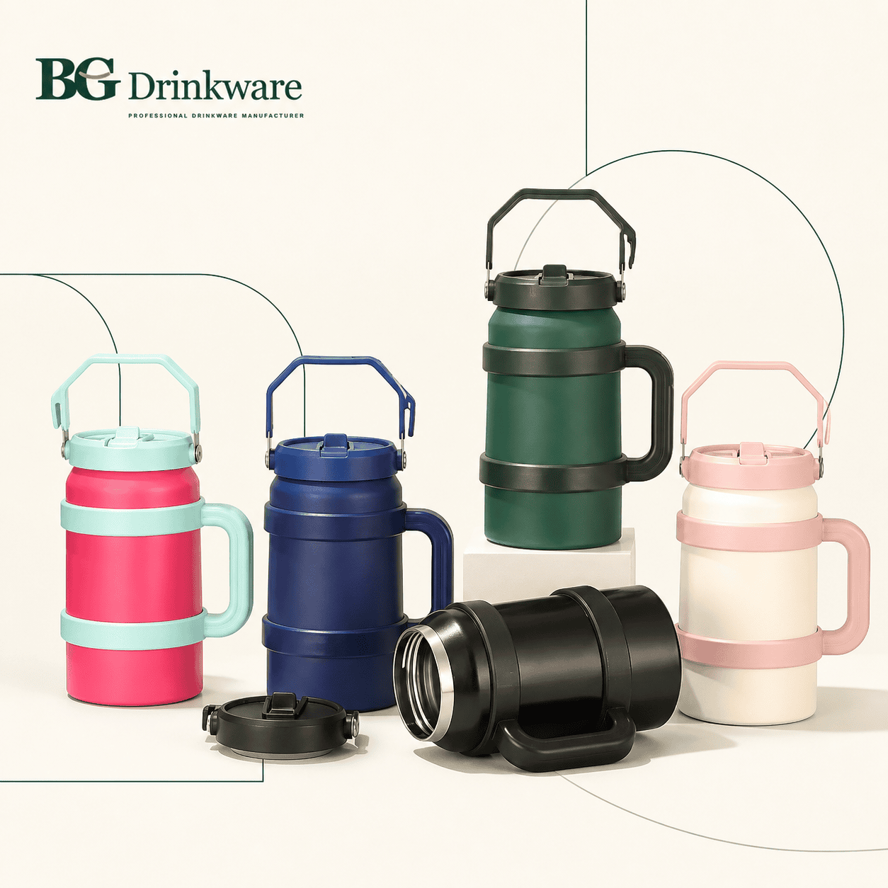 Insulated outdoor jugs with large carry handles