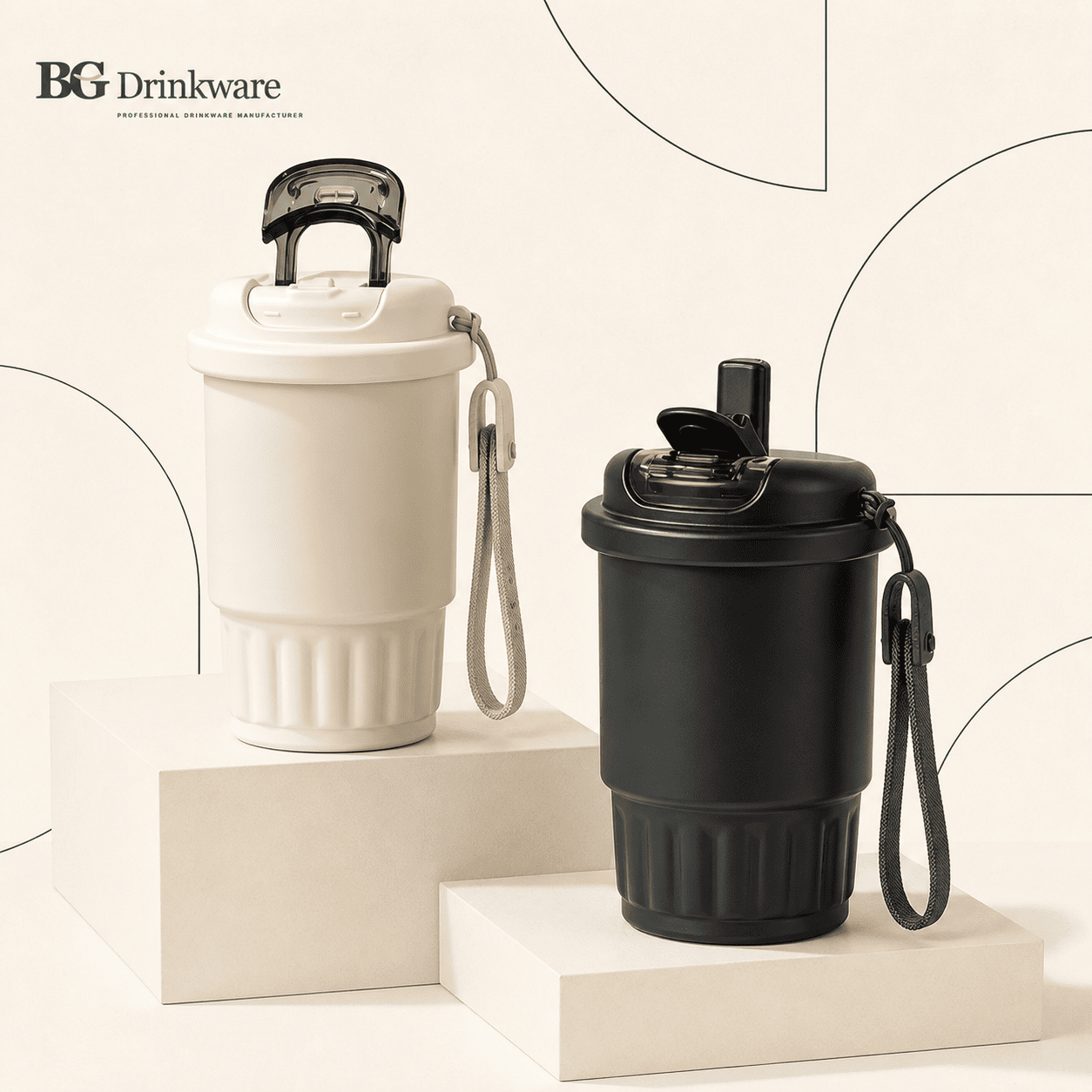 Insulated coffee cups with flip-top lids and carry straps