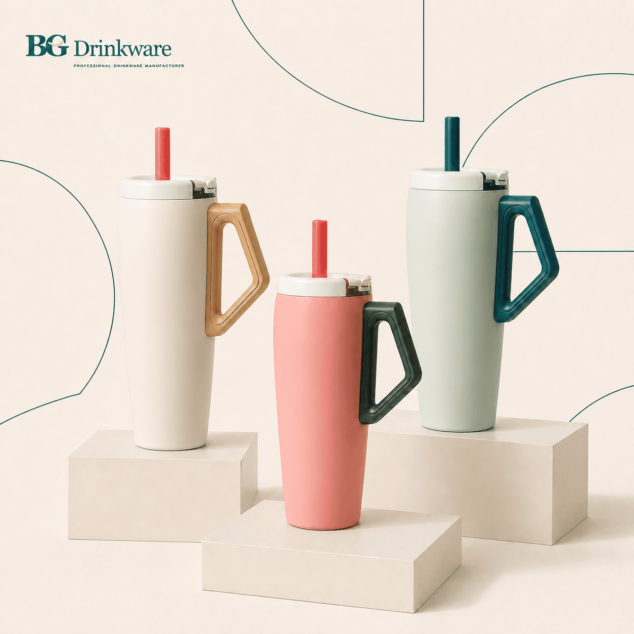 Handled insulated tumblers with straws in pastel colors