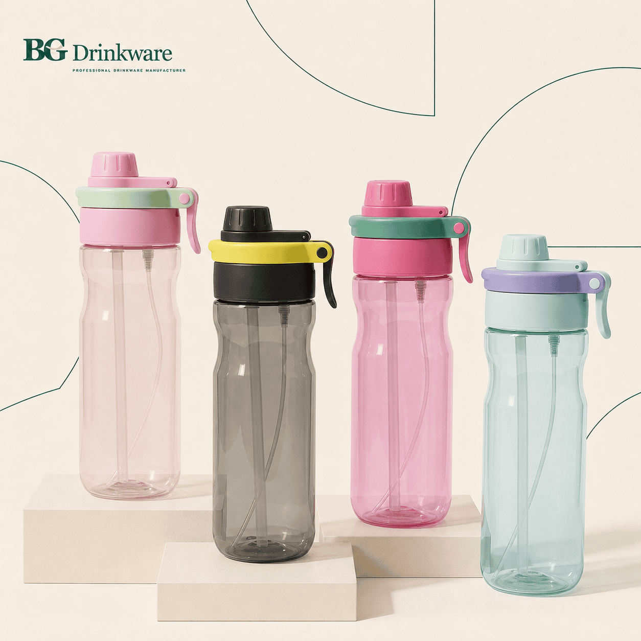 Translucent plastic sport bottles with straw and flip-top lids