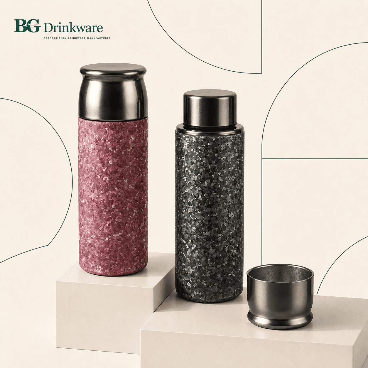 Titanium bottles and cup with textured finishes