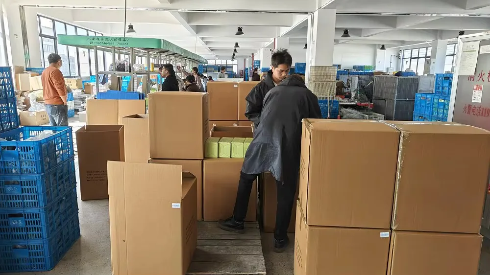 Workers organizing drinkware cartons during a packing check
