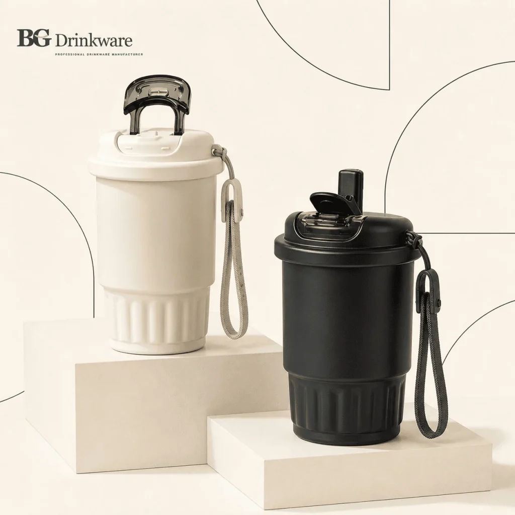 Insulated coffee cups with flip-top lids and carry straps