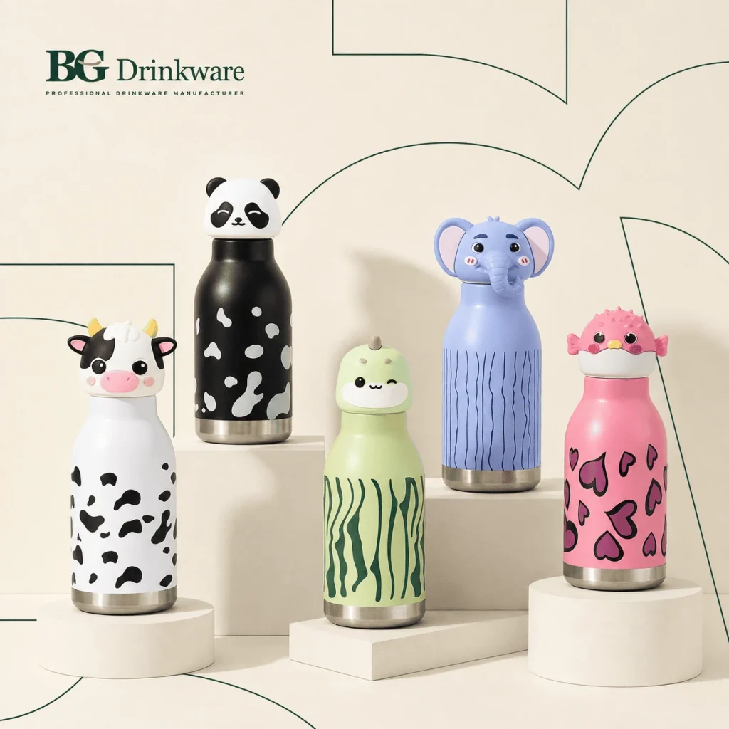 Colorful kids stainless steel bottles with character lids