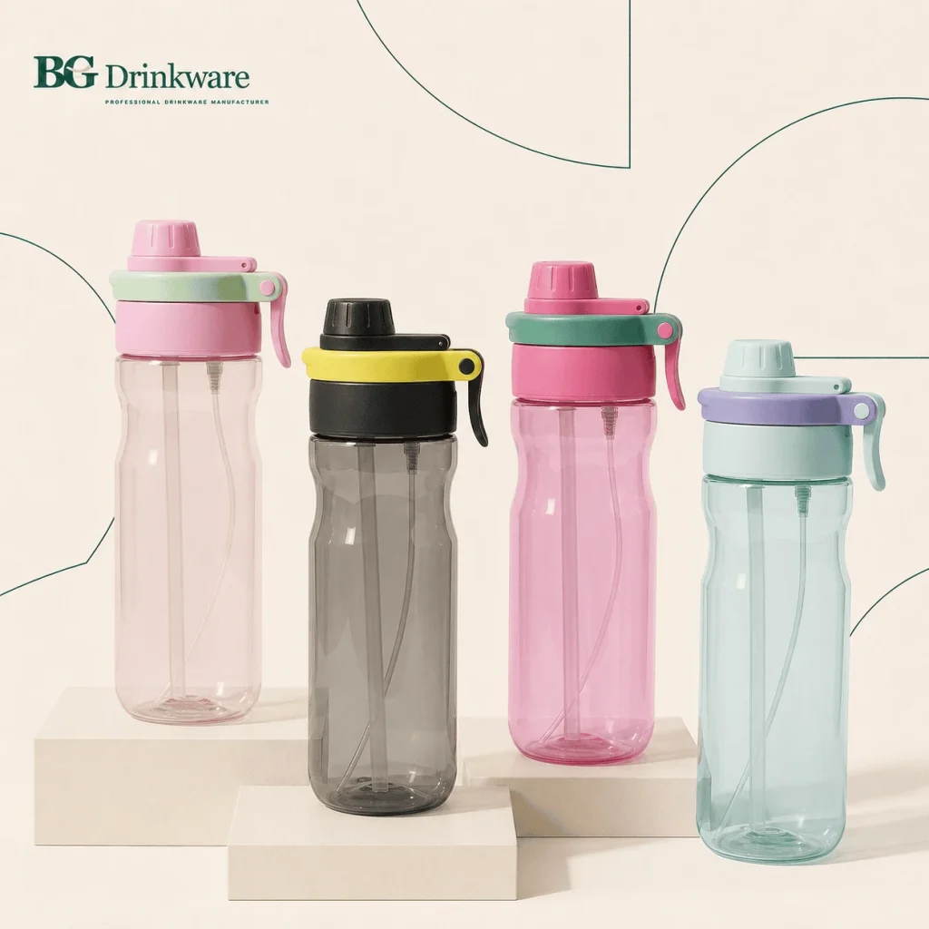 Translucent plastic sport bottles with straw and flip-top lids